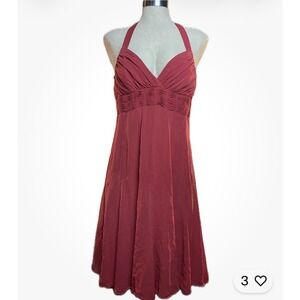 Red Halter Bodice Midi Dress A-Line Cocktail Evening Gown Women Small 100% silk